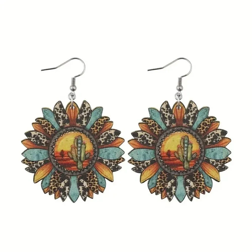 New - Southwest Sunflower Shaped Wooden Earrings